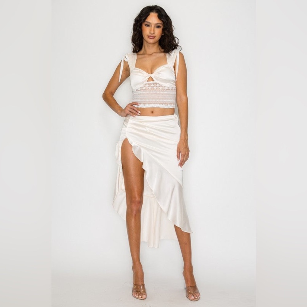 White Lace Crop Top and Skirt Set |Satin & Lace Co-Ord Set | Crop Top & Skirt - Picture 9 of 16